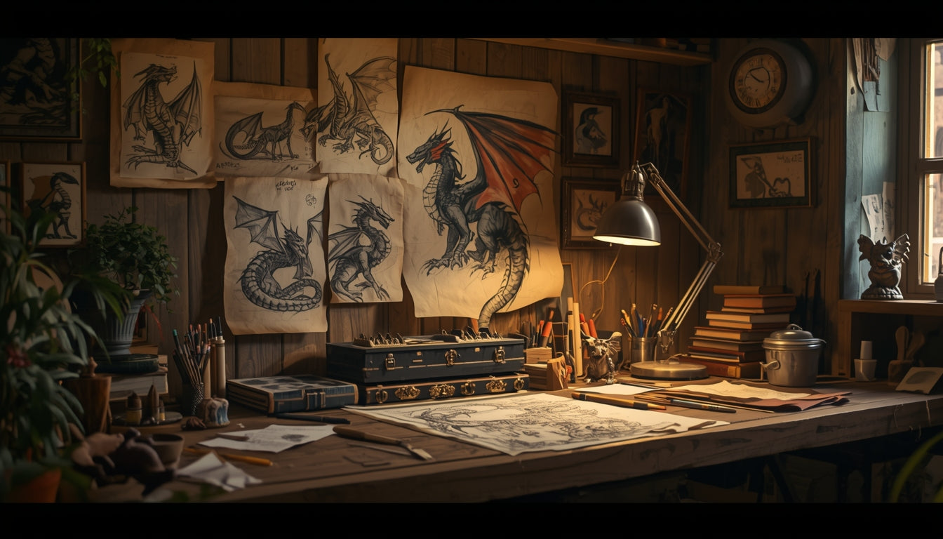 dragon artist studio desk with dragon concept sketches pinned on wall and creative workspace