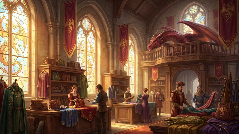 Fantasy merchant tailor's guild displaying fantasy apparel, dragon bags, wallets and wearable accessories.