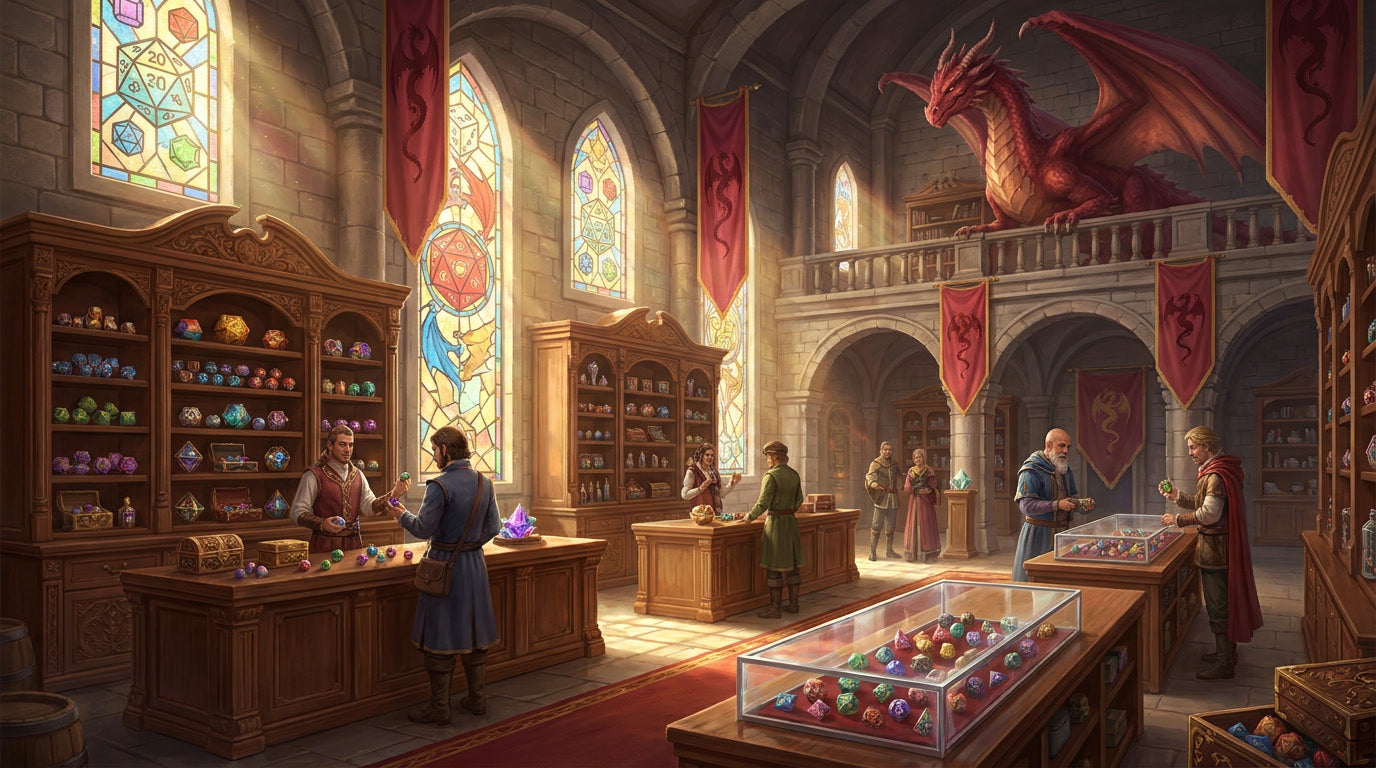 Fantasy merchant hall displaying premium polyhedral dice, gemstone dice and tabletop gaming accessories.