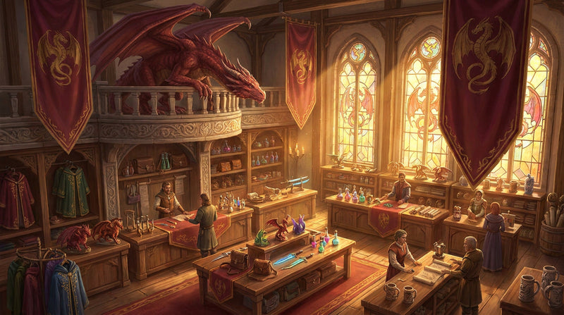 DragonZone wholesale fantasy products displayed inside an elegant merchant trading hall filled with dragons, gifts and collectibles.