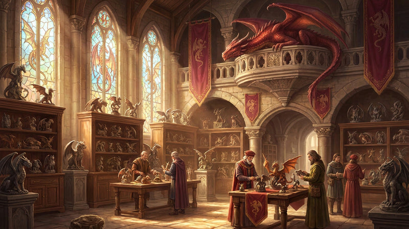 Fantasy merchant hall displaying premium dragon figurines, mythical sculptures and collectible fantasy statues.