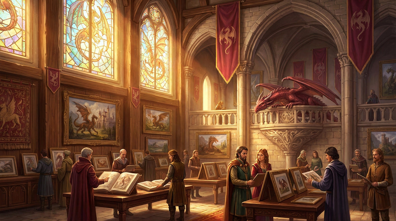 Fantasy merchant art gallery displaying dragon artwork, framed fantasy prints and legendary illustrations.