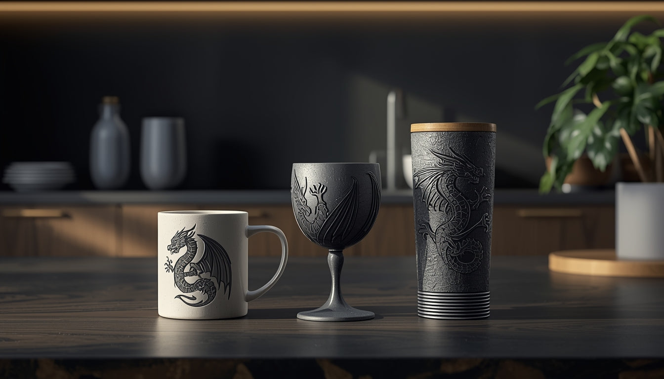 Dragon-themed ceramic mug, metal goblet and insulated tumbler displayed on a modern kitchen counter.
