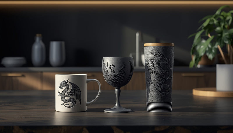 Dragon-themed ceramic mug, metal goblet and insulated tumbler displayed on a modern kitchen counter.