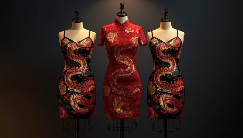 Modern Asian-style dragon party dresses in red and black fitted club silhouettes displayed under dramatic studio lighting.