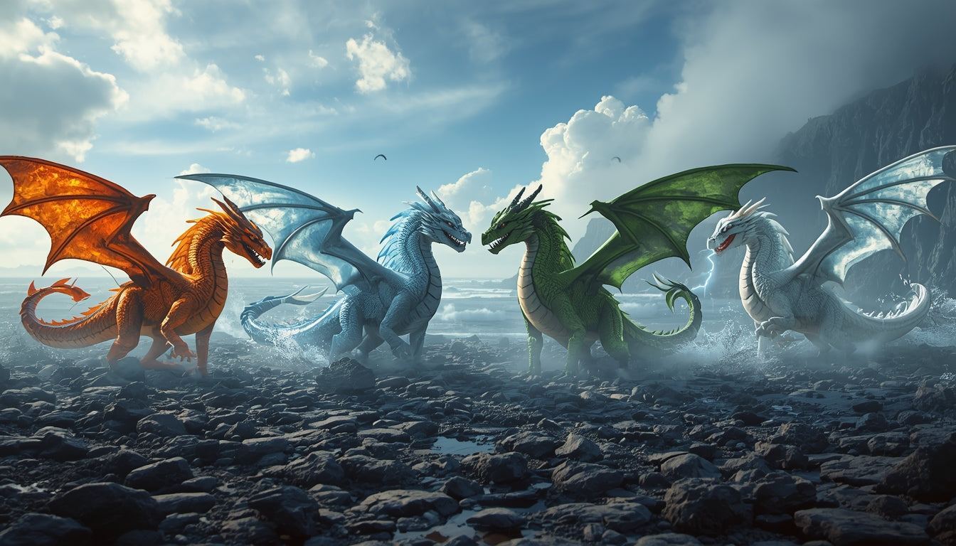 Four elemental dragons representing fire, water, earth and air standing on a rocky shoreline beneath a dramatic sky.