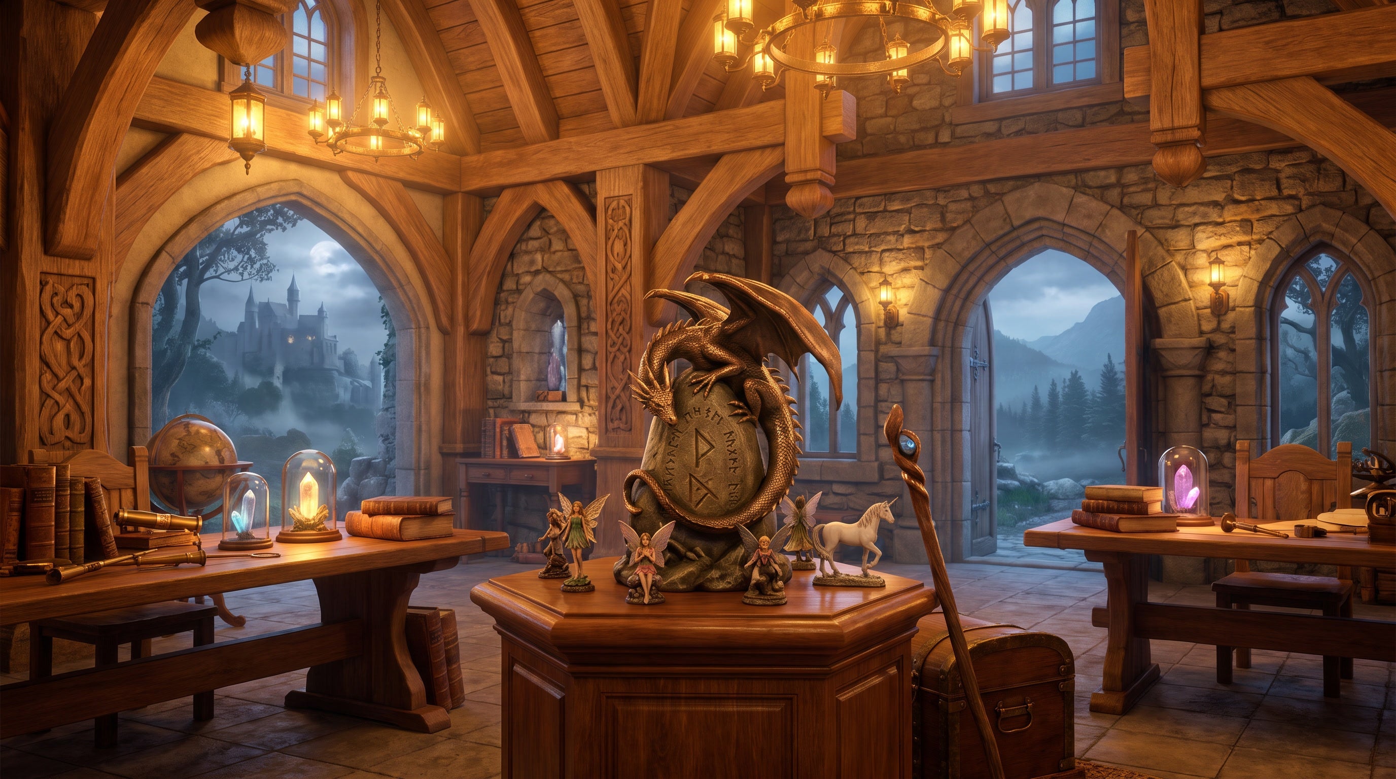 Fantasy hall featuring a dragon, fairies, unicorn, magical crystals and enchanted treasures overlooking a misty castle landscape.