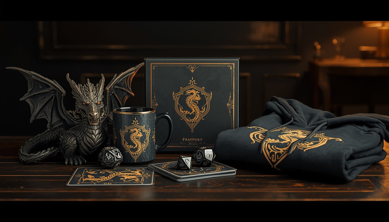Curated display of dragon-themed gifts including figurine, mug, dice, cards and hoodie on a wooden table.