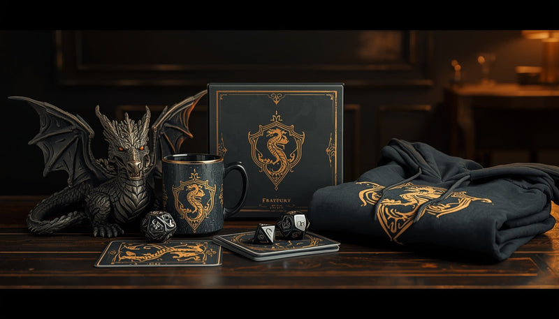 Curated display of dragon-themed gifts including figurine, mug, dice, cards and hoodie on a wooden table.