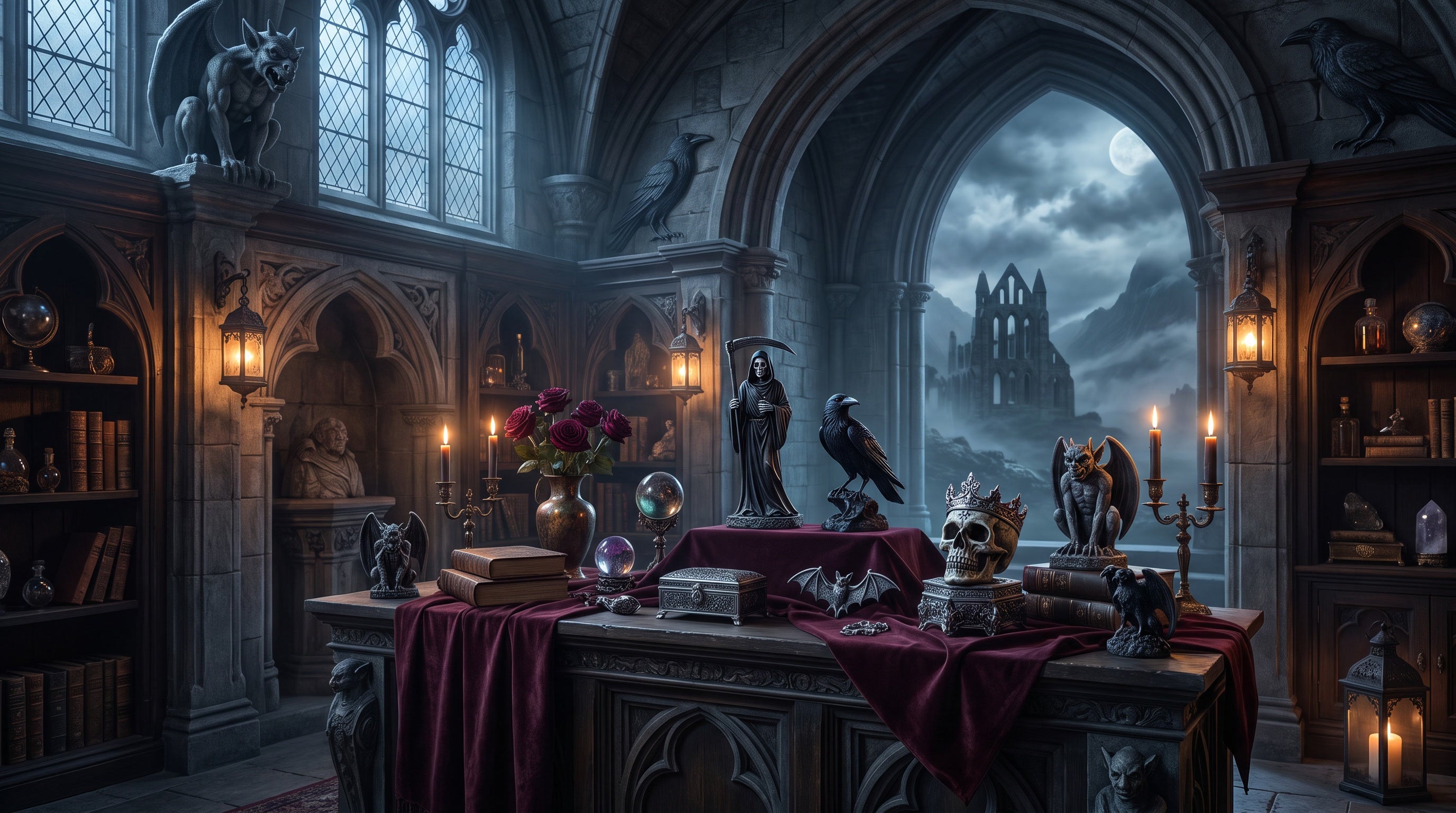 Gothic fantasy gallery featuring a Grim Reaper, crowned skull, ravens, gargoyles and dark collectables beneath a moonlit ruined abbey.