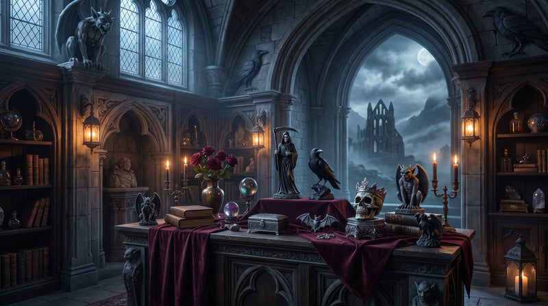 Gothic fantasy gallery featuring a Grim Reaper, crowned skull, ravens, gargoyles and dark collectables beneath a moonlit ruined abbey.