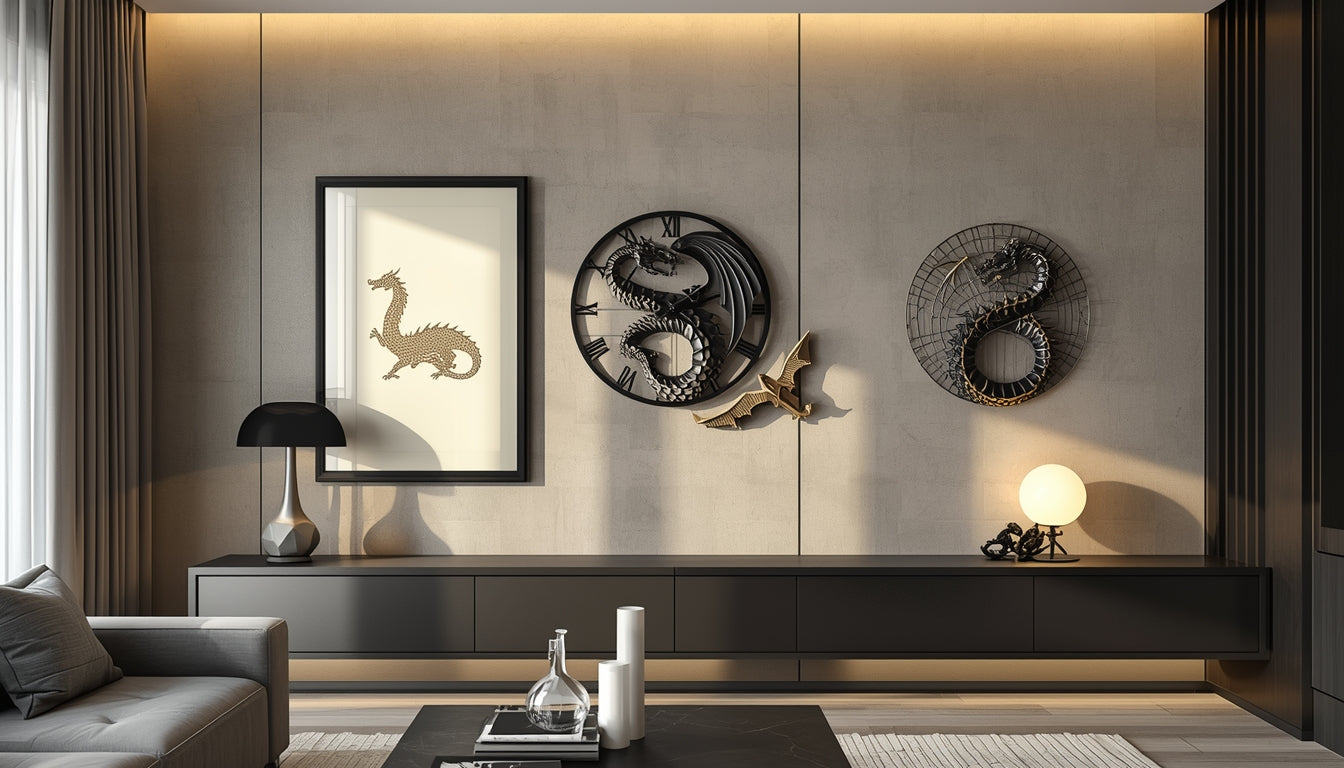 Dragon wall clock, framed dragon artwork and decorative plaque displayed in a modern neutral living room interior.