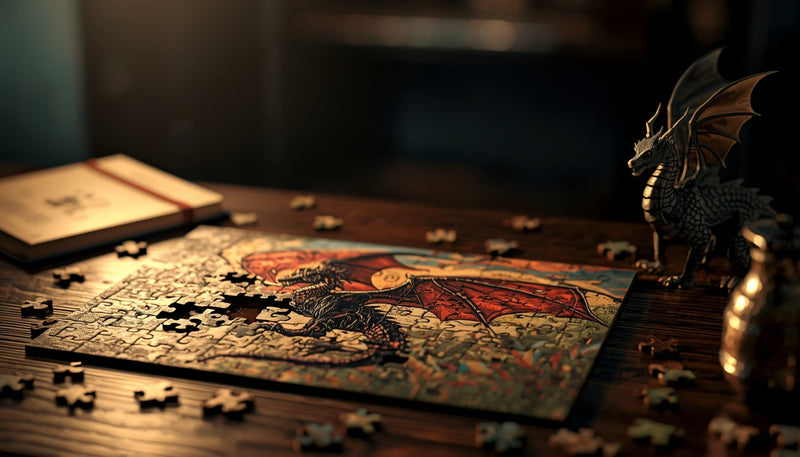 Dragon-themed jigsaw puzzle partially assembled on a wooden table with loose pieces and warm ambient lighting.