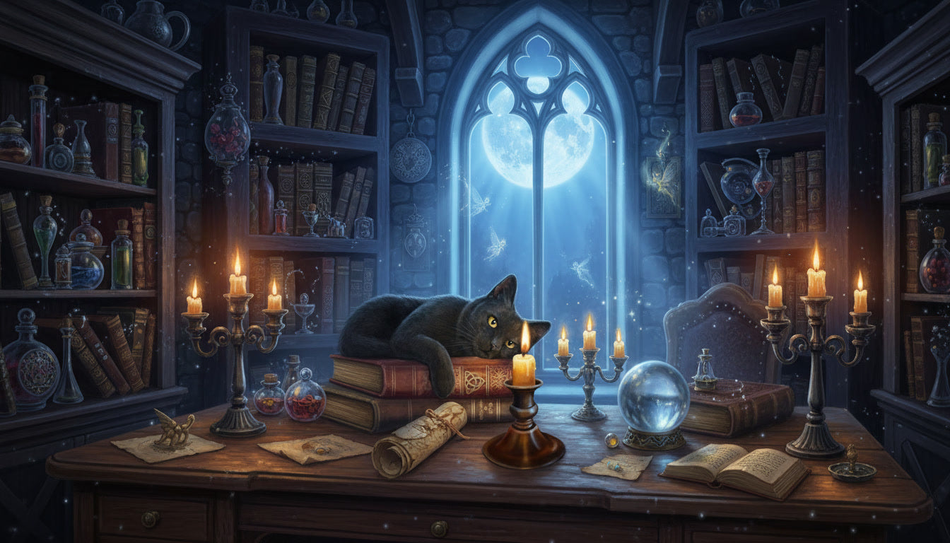 lisa parker inspired mystical cat in a magical witch study with candles and spellbooks