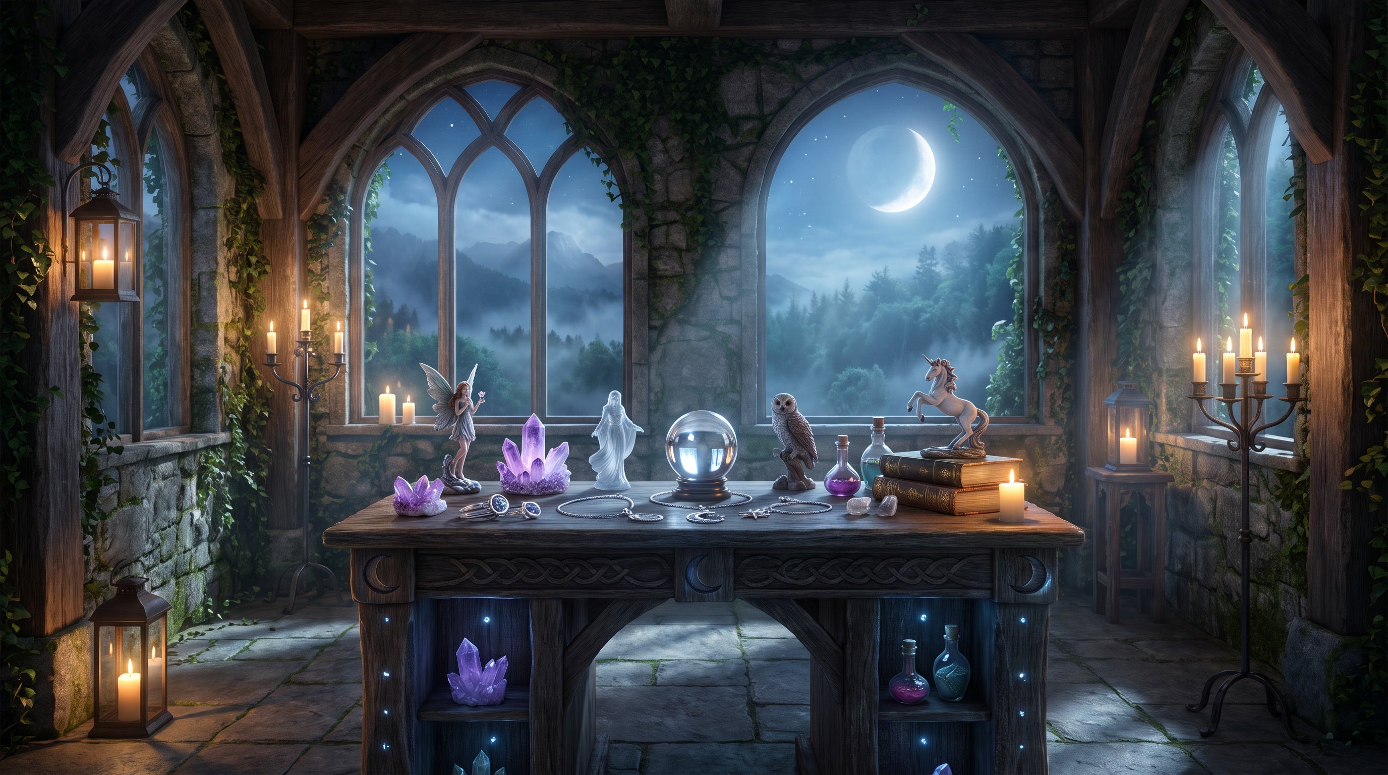 Moonlit mystical sanctuary with crystal ball, crystals, magical artefacts, fairy, spirit guide, owl and unicorn beneath a crescent moon.