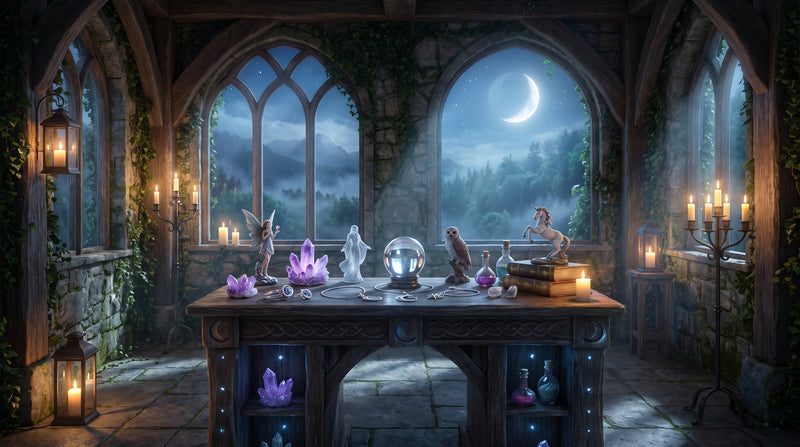 Moonlit mystical sanctuary with crystal ball, crystals, magical artefacts, fairy, spirit guide, owl and unicorn beneath a crescent moon.