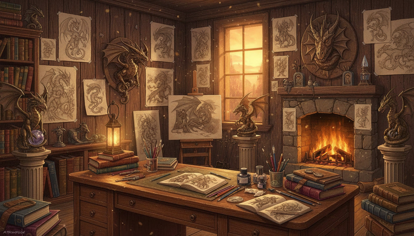 fantasy dragon illustrator studio filled with dragon sketches inspired by ruth thompson artwork