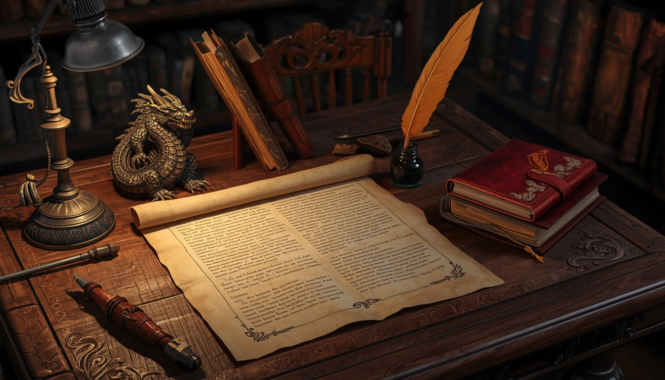 Dragon short stories fantasy writing desk with dragon statue parchment scroll and quill