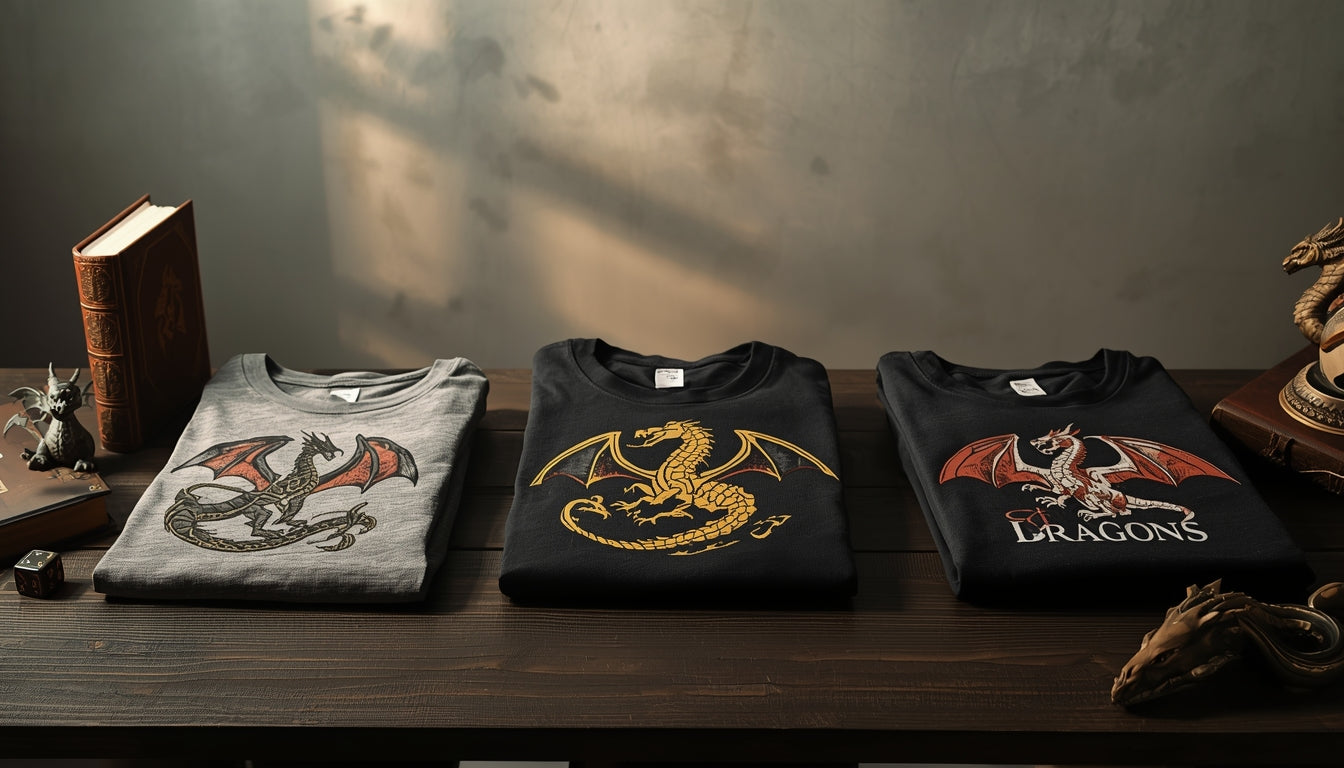 Folded dragon graphic t-shirts displayed on a wooden table with subtle fantasy props under warm natural lighting.