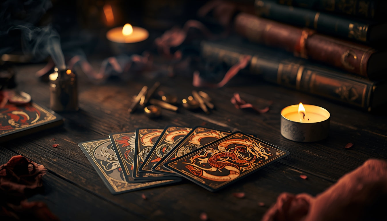Dragon-themed tarot cards spread on a dark wooden table with candlelight and soft atmospheric smoke.