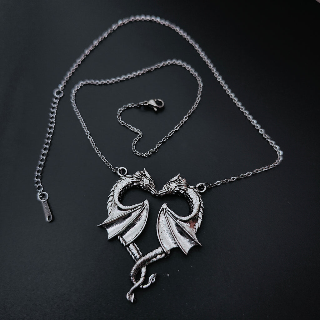 Silver Twin Dragon Heart pendant and chain