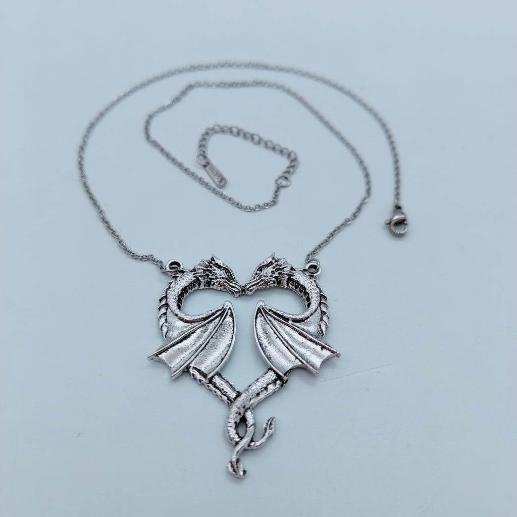 Silver Twin Dragon Heart pendant and chain