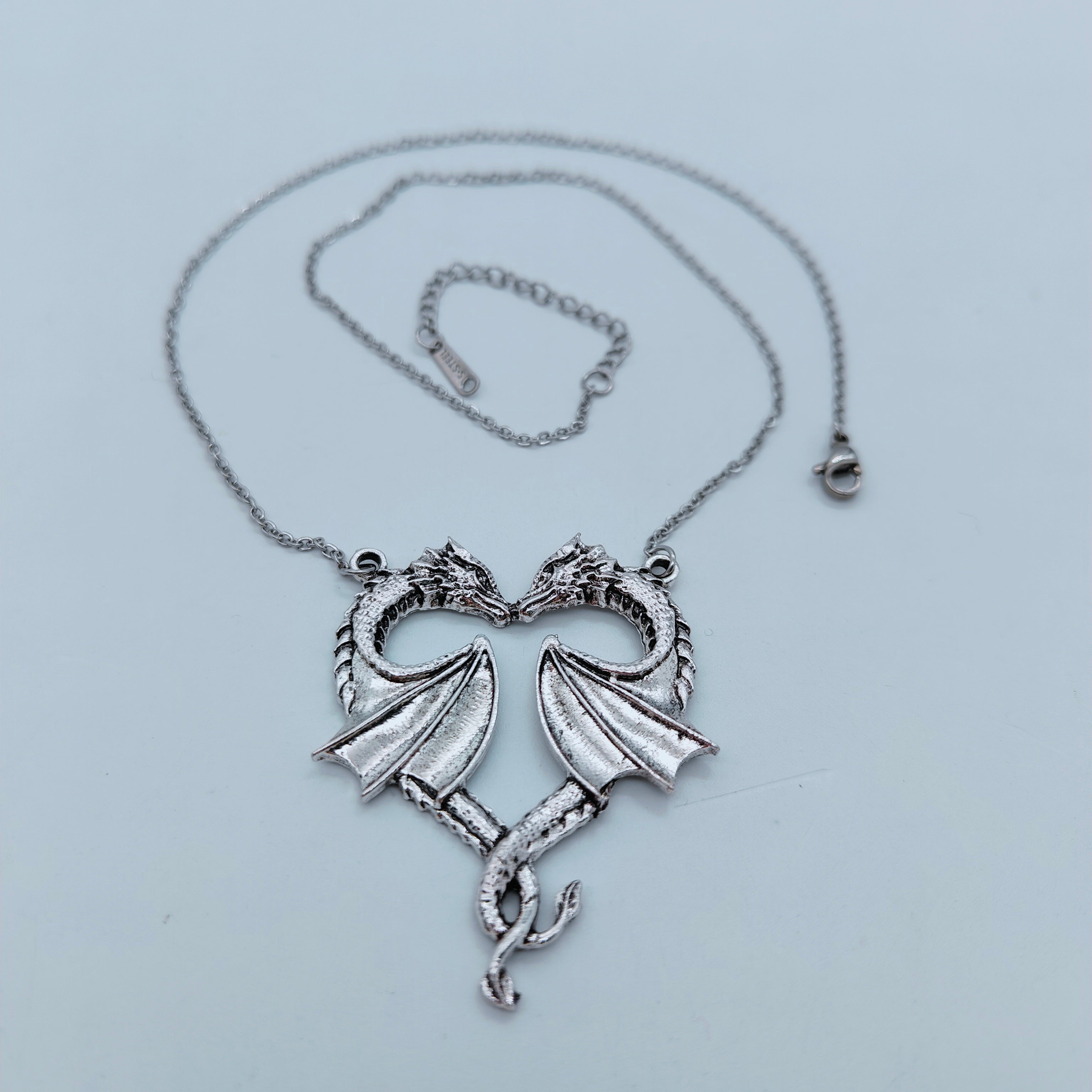 Silver Twin Dragon Heart pendant and chain