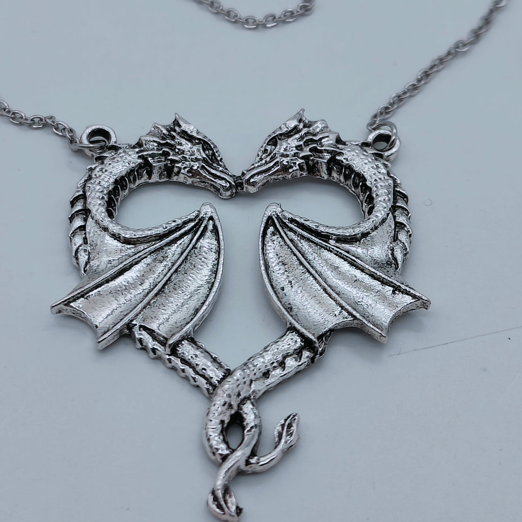Silver Twin Dragon Heart pendant and chain