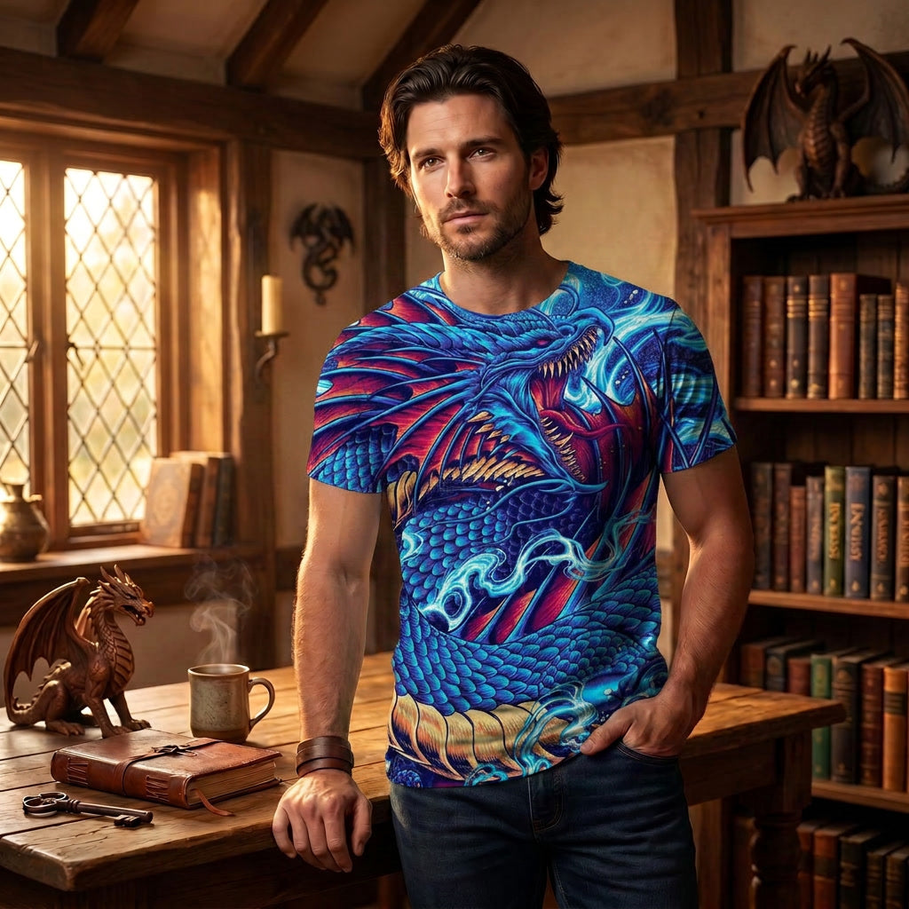 Blue Chinese Dragon Lightning Print Shirt