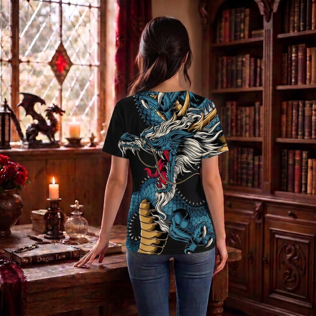 Chinese Dragon Print Blue and Black Shirt