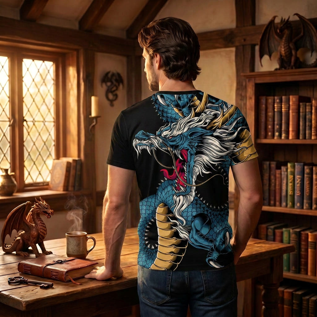 Chinese Dragon Print Blue and Black Shirt