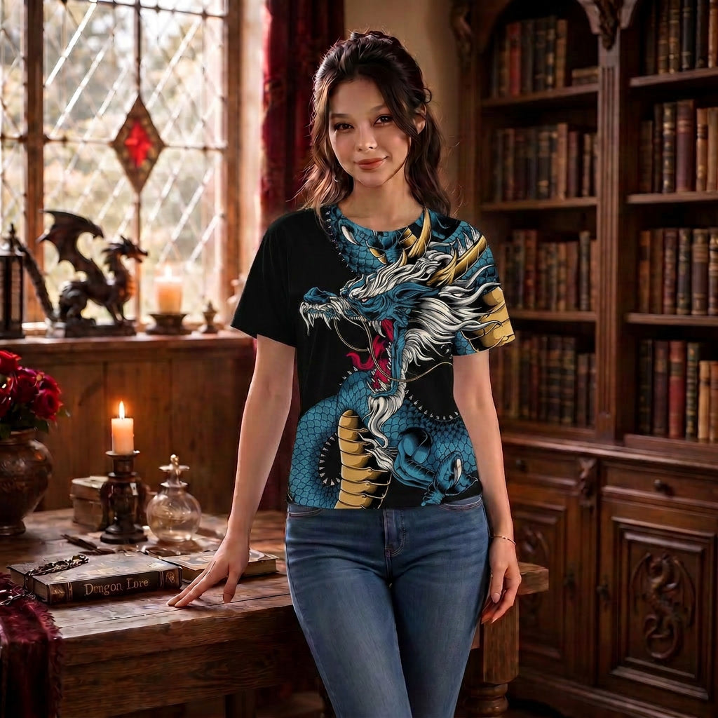 Chinese Dragon Print Blue and Black Shirt