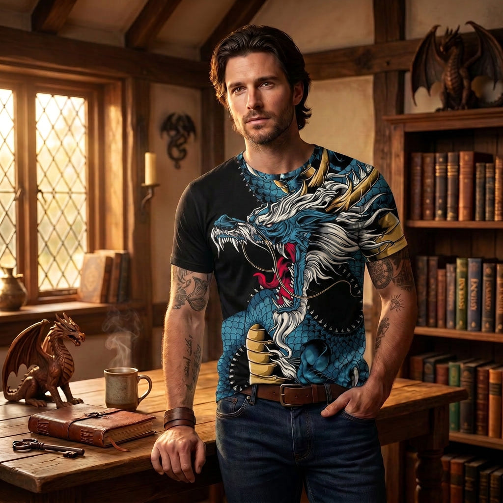 Chinese Dragon Print Blue and Black Shirt