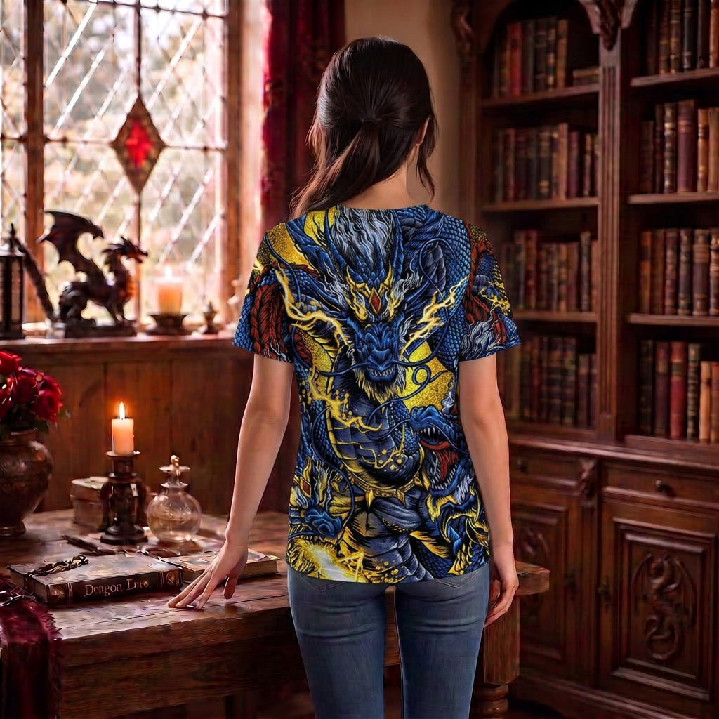 Chinese Dragon Print Blue and Gold Shirt