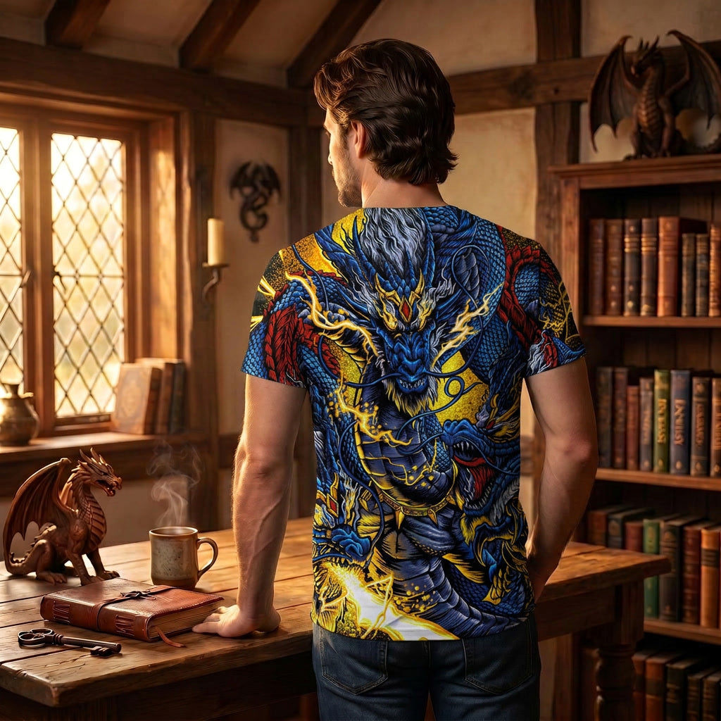 Chinese Dragon Print Blue and Gold Shirt