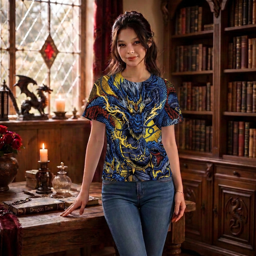 Chinese Dragon Print Blue and Gold Shirt