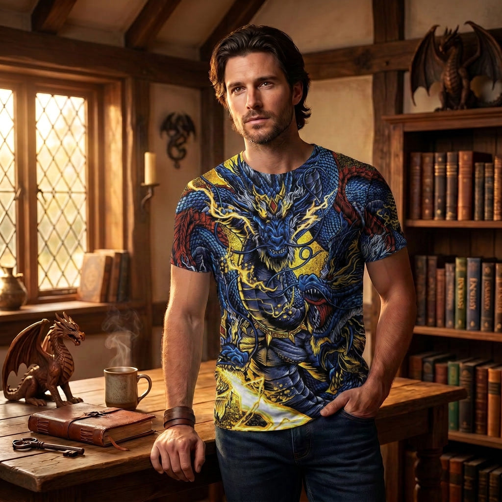 Chinese Dragon Print Blue and Gold Shirt