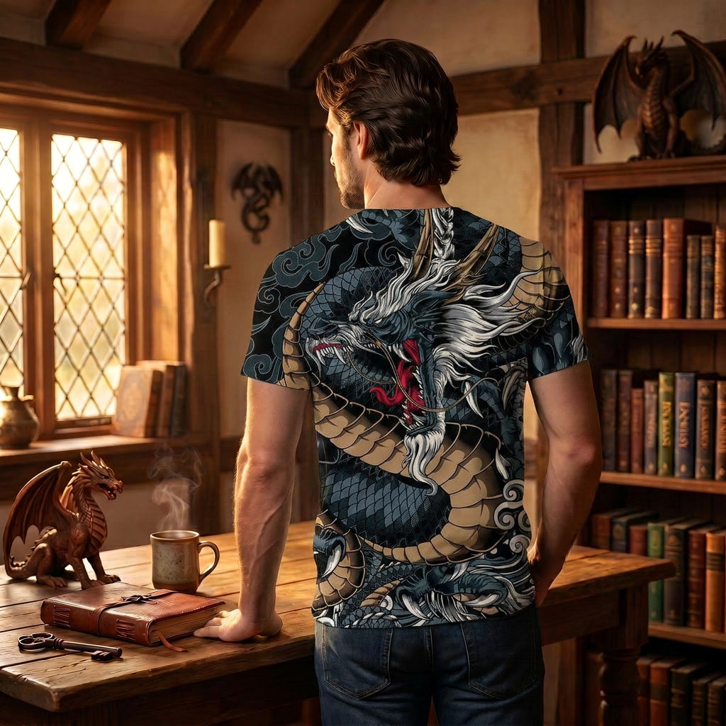 Chinese Dragon Print Grey and Black Shirt