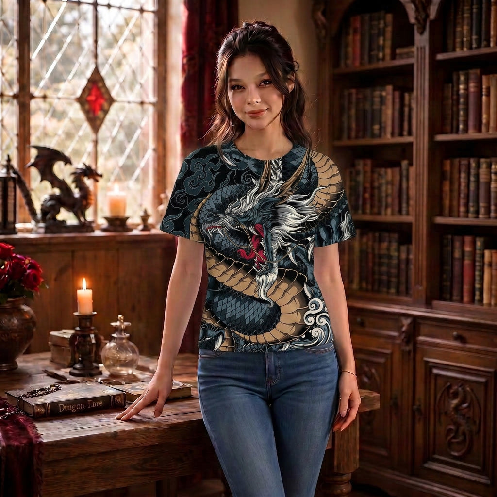 Chinese Dragon Print Grey and Black Shirt