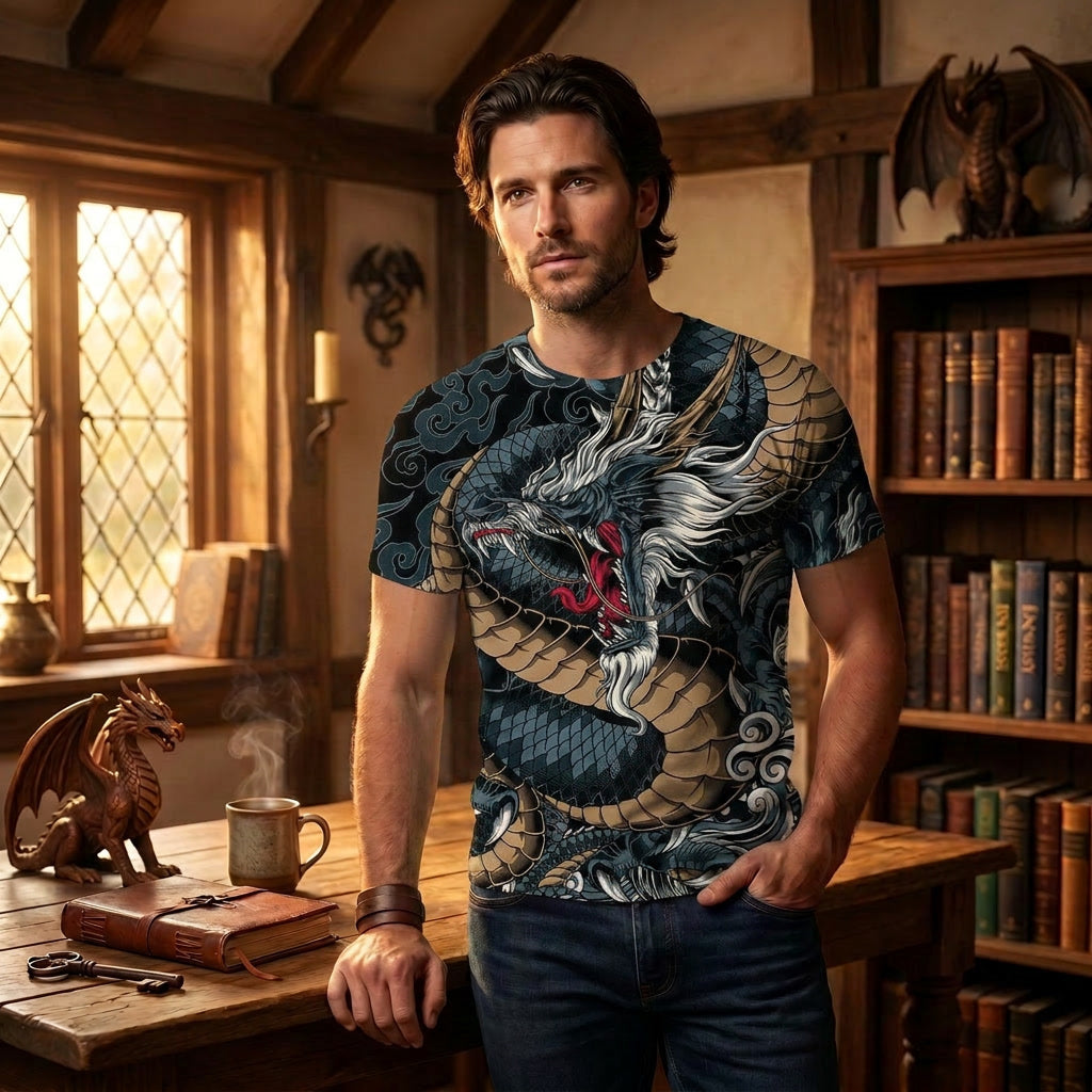 Chinese Dragon Print Grey and Black Shirt