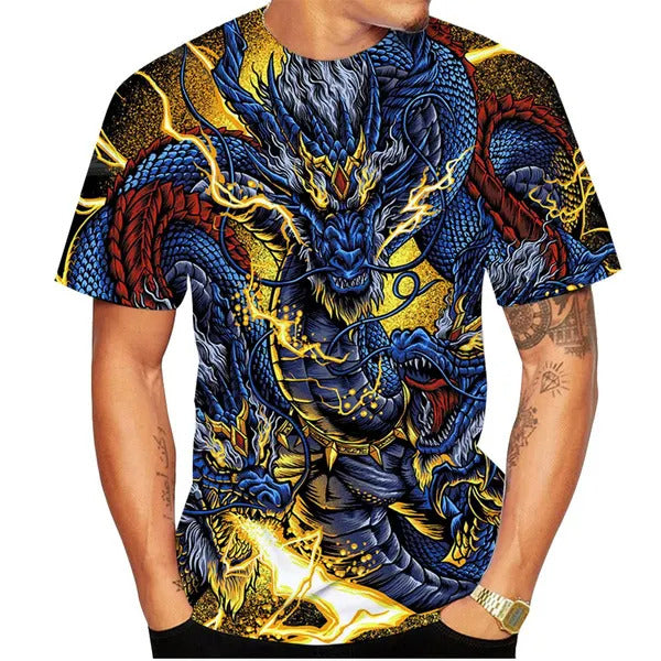 Chinese Dragon Print Blue and Gold Shirt