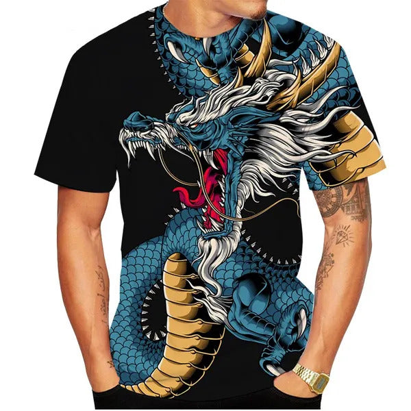 Chinese Dragon Print Blue and Black Shirt