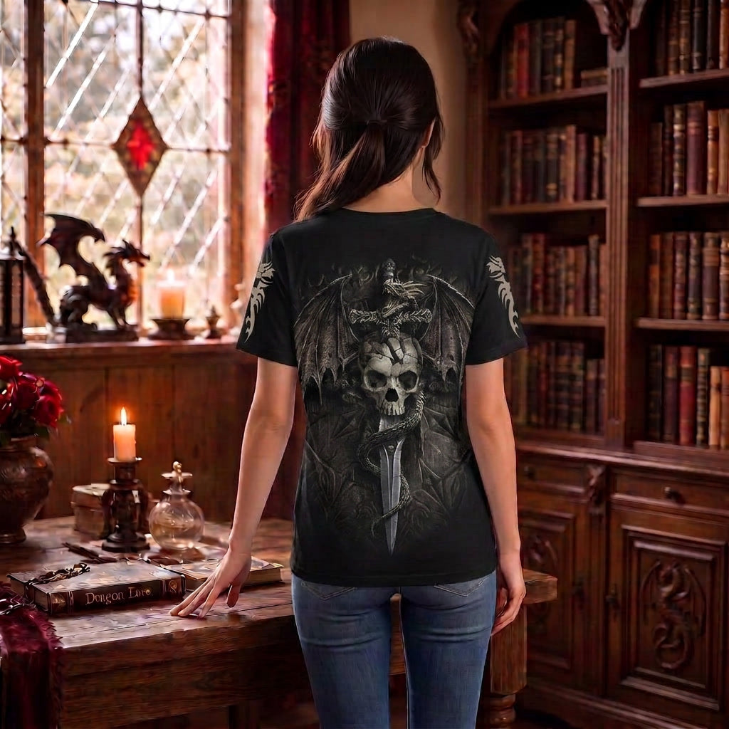 Gothic Dragon Skull Sword Print Shirt