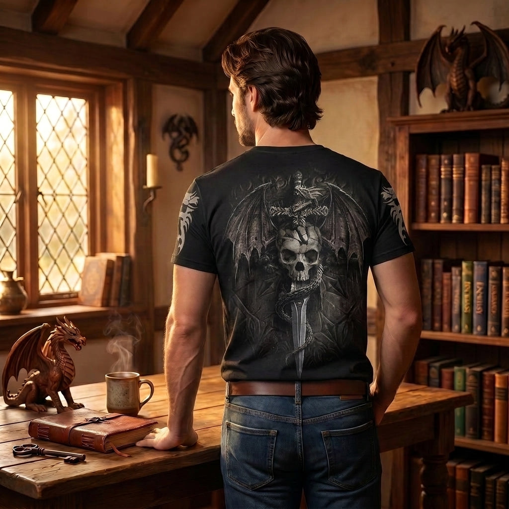 Gothic Dragon Skull Sword Print Shirt