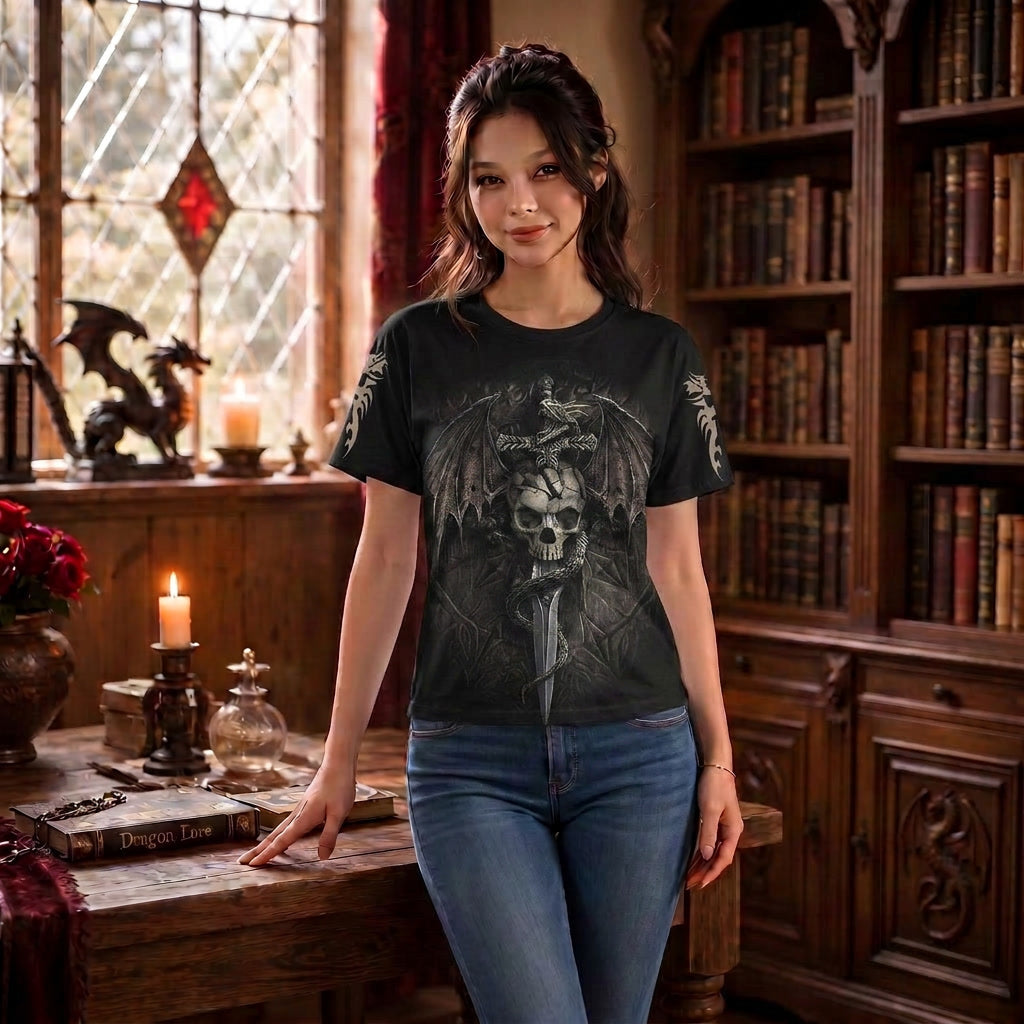Gothic Dragon Skull Sword Print Shirt