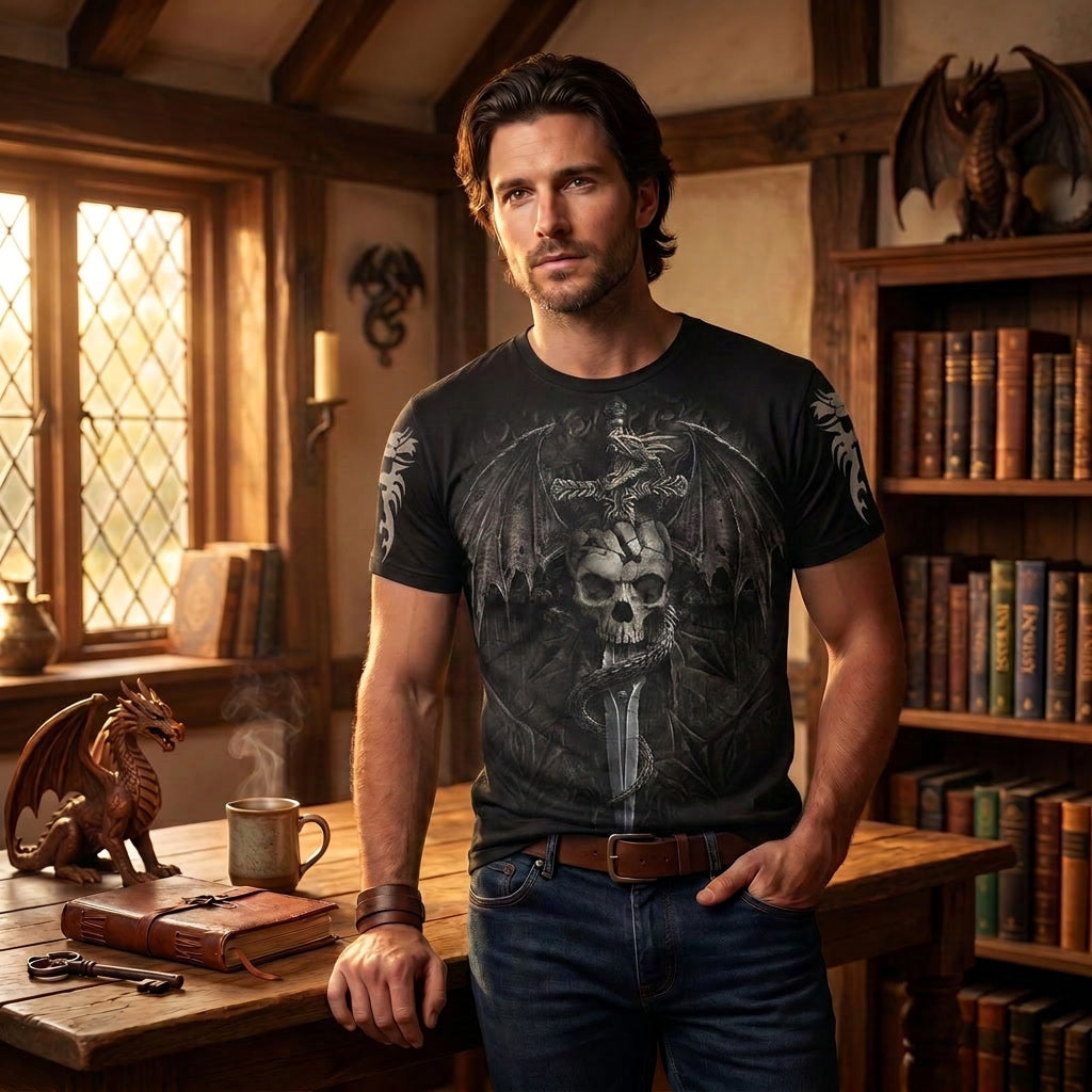 Gothic Dragon Skull Sword Print Shirt