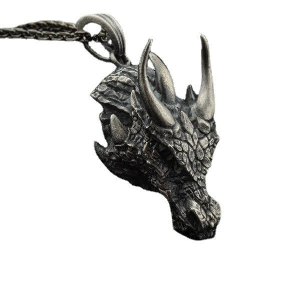 Antique Silver Alloy Mythical Dragon Head Pendant Necklace