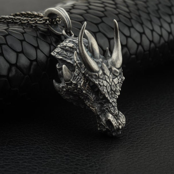 Antique Silver Alloy Mythical Dragon Head Pendant Necklace