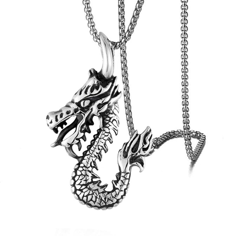 Chinese Style Silver Steel Alloy Dragon Pendant Necklace