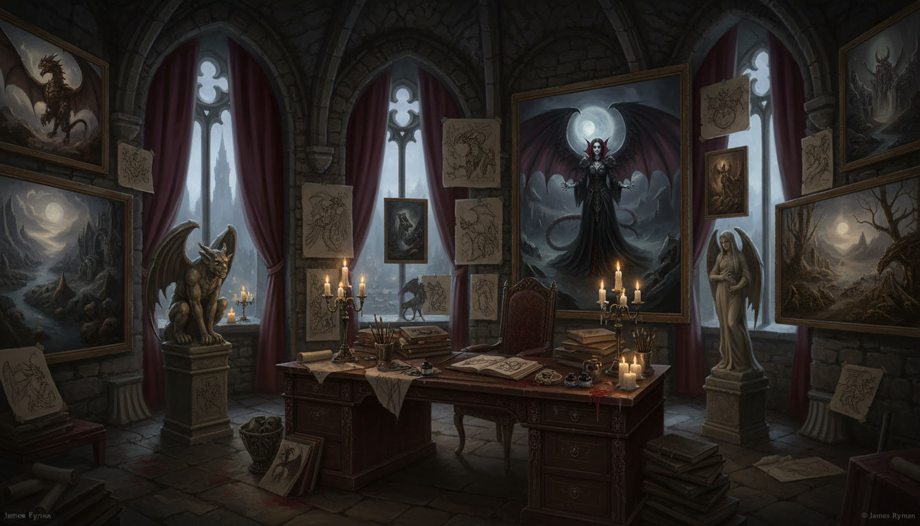 Gothic fantasy artist studio featuring dark fantasy dragon and vampire artwork inspired by James Ryman